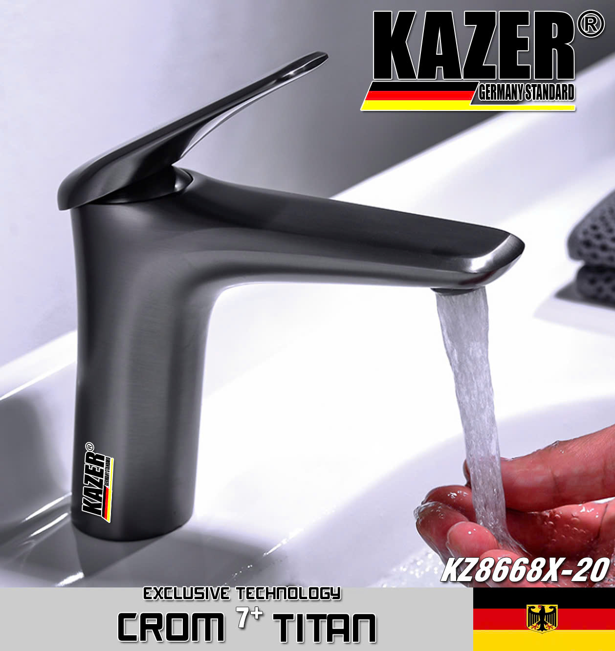 KZ8668X-20 – VÒI LAVABO NÓNG LẠNH ĐỒNG THAU KAZER, MẠ CROM 7+ TITAN – 20CM