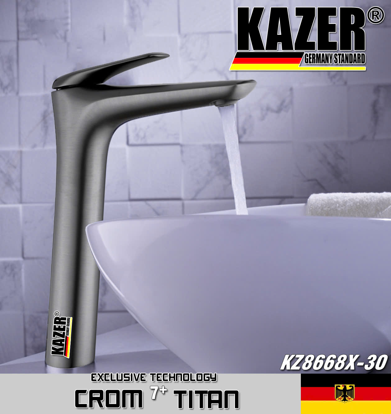 KZ8668X-30 – VÒI LAVABO NÓNG LẠNH ĐỒNG THAU KAZER, MẠ CROM 7+ TITAN – 30CM