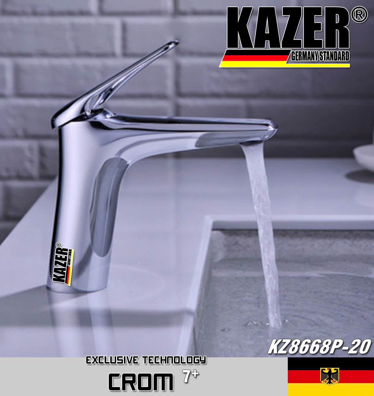KZ8668P-20 – VÒI LAVABO NÓNG LẠNH ĐỒNG THAU KAZER, MẠ CROM 7+ 20CM