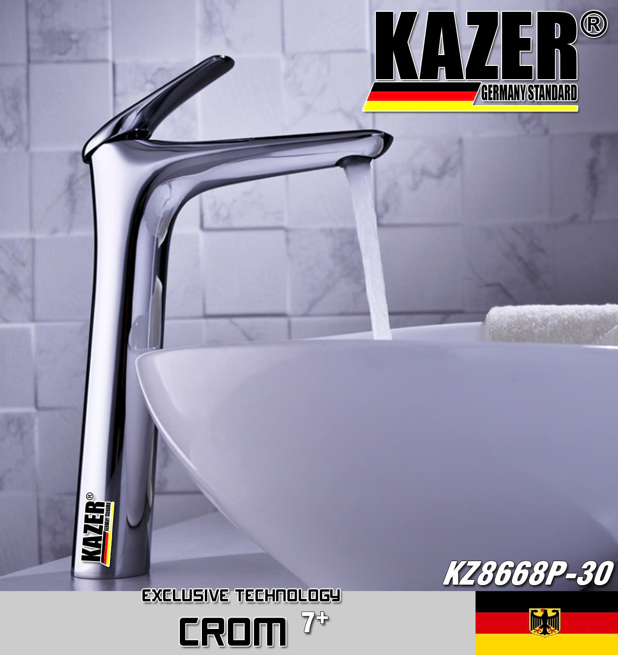 KZ8668P-30 – VÒI LAVABO NÓNG LẠNH ĐỒNG THAU KAZER, MẠ CROM 7+ 30CM