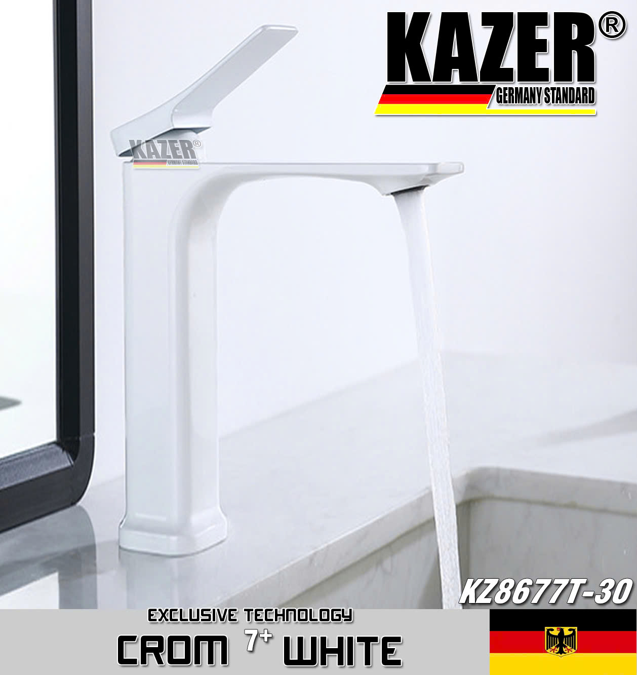 KZ8677T-30 – VÒI LAVABO NÓNG LẠNH ĐỒNG THAU KAZER, MẠ CROM 7+ WHITE – 30CM