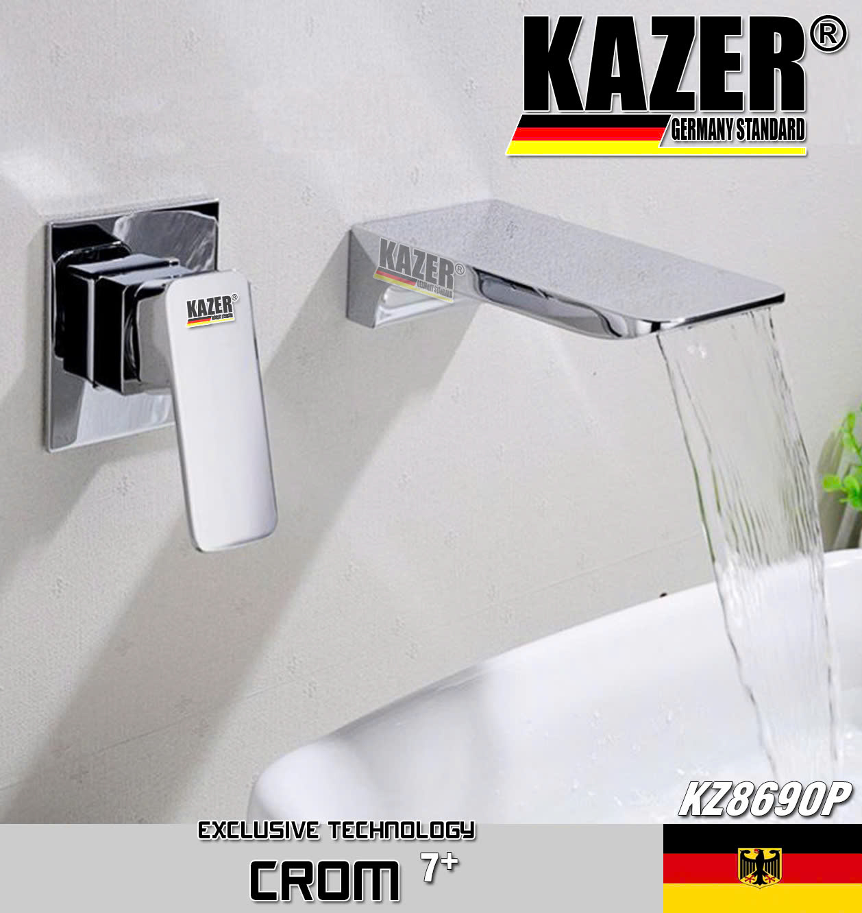 KZ8690P – VÒI LAVABO NÓNG LẠNH ĐỒNG THAU KAZER, MẠ CROM 7+