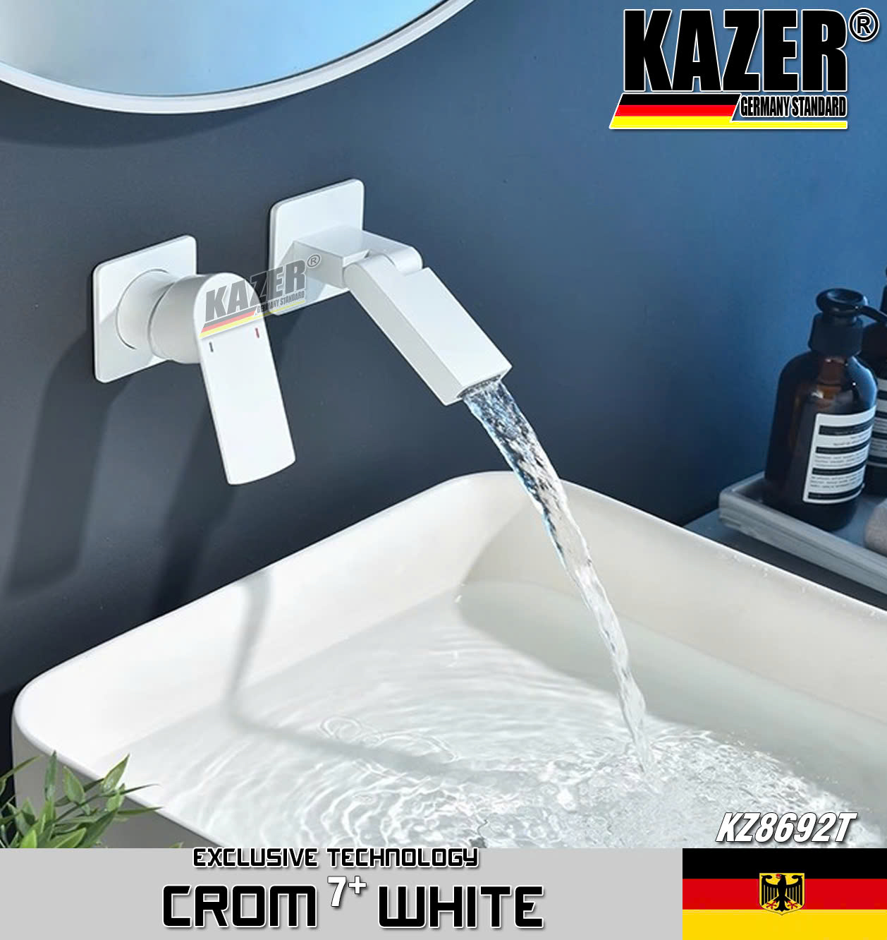 KZ8692T – VÒI LAVABO NÓNG LẠNH ĐỒNG THAU KAZER, MẠ CROM 7+ WHITE