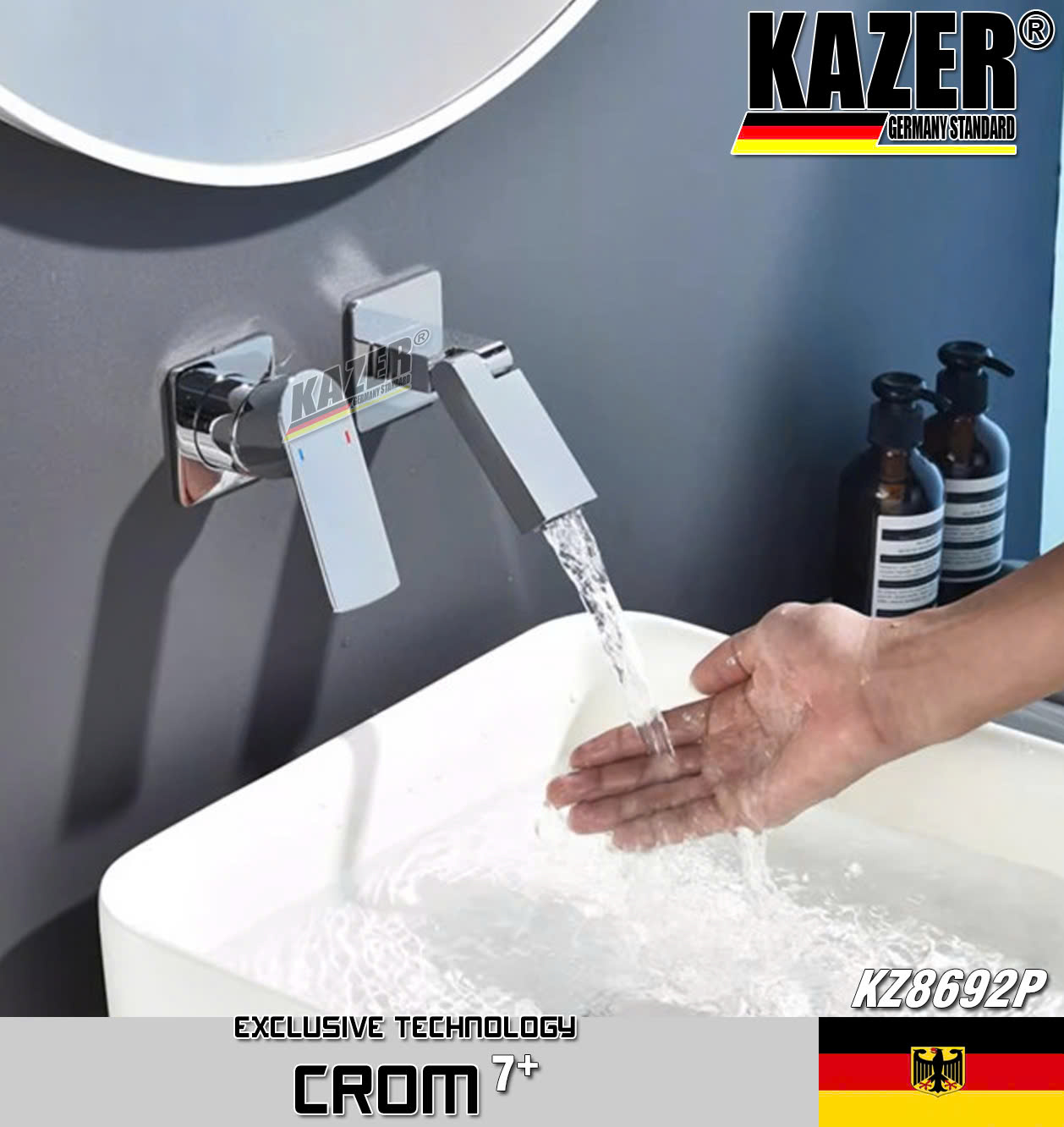 KZ8692P – VÒI LAVABO NÓNG LẠNH ĐỒNG THAU KAZER, MẠ CROM 7+