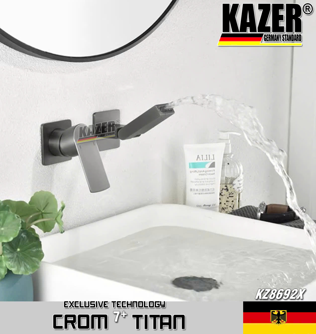 KZ8692X – VÒI LAVABO NÓNG LẠNH ĐỒNG THAU KAZER, MẠ CROM 7+ TITAN