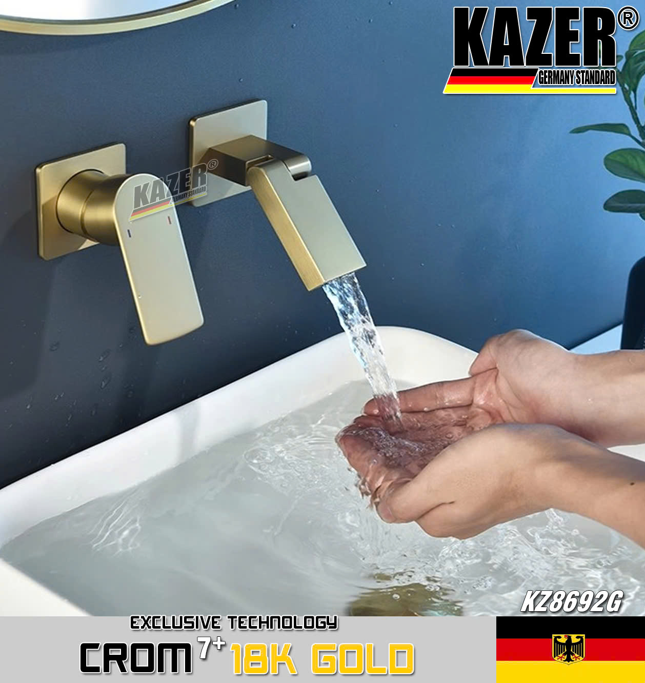 KZ8692G – VÒI LAVABO NÓNG LẠNH ĐỒNG THAU KAZER, MẠ CROM 7+ GOLD