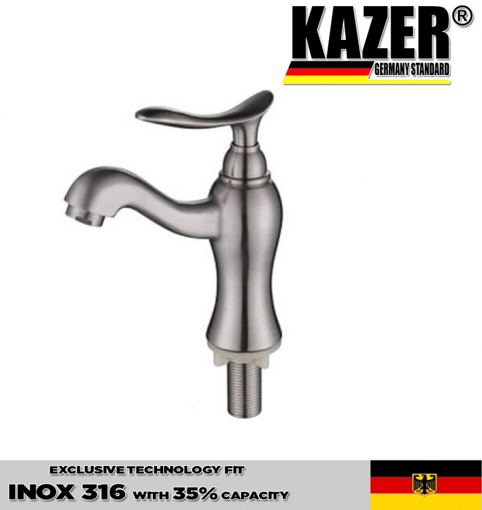 KZ8512, VÒI LAVABO LẠNH INOX 304 100% PHỦ 35% INOX 316 KAZER MẪU TAY GẠT