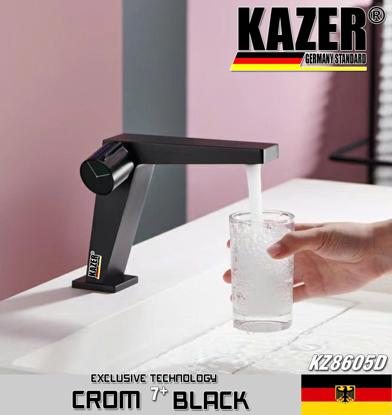 KZ8605D – VÒI LAVABO NÓNG LẠNH ĐỒNG THAU KAZER, MẠ CROM 7+ BLACK- 20CM