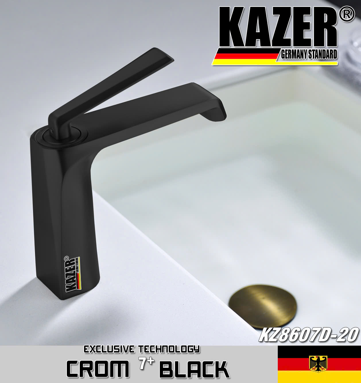 KZ8607D-20 – VÒI LAVABO NÓNG LẠNH ĐỒNG THAU KAZER, MẠ CROM 7+ BLACK – 20CM