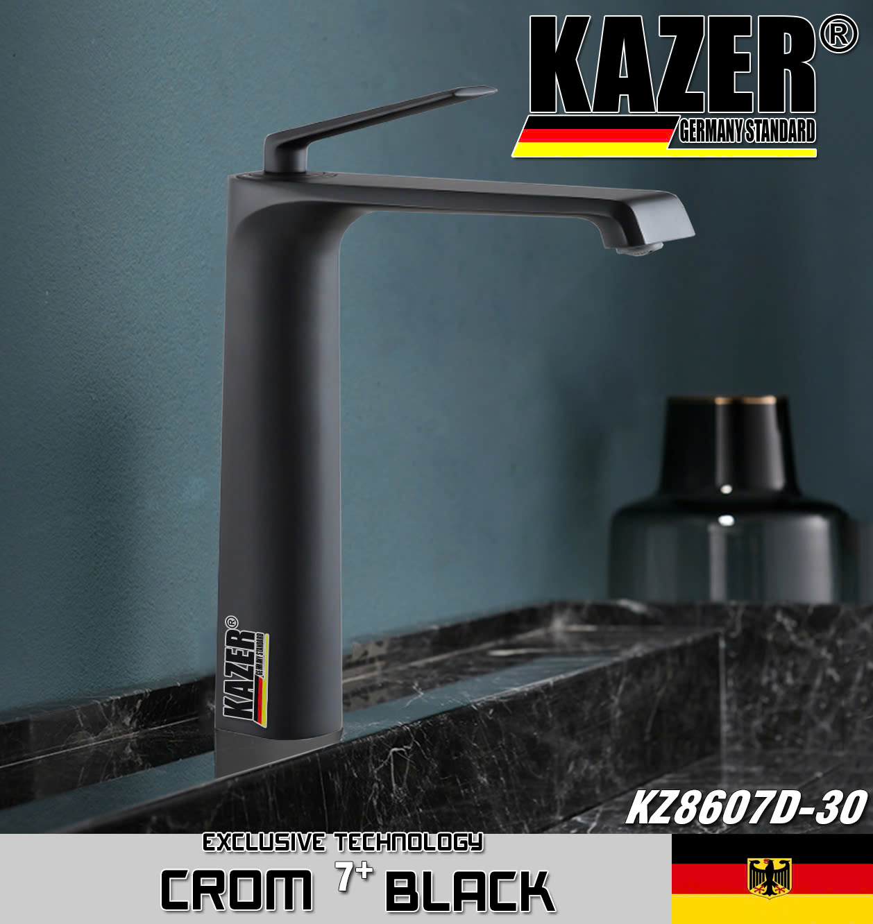 KZ8607D-30 – VÒI LAVABO NÓNG LẠNH ĐỒNG THAU KAZER, MẠ CROM 7+ BLACK – 30CM