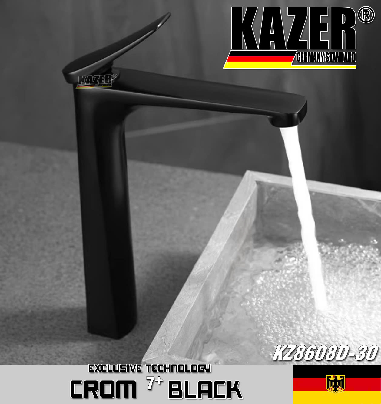 KZ8608D-30 – VÒI LAVABO NÓNG LẠNH ĐỒNG THAU KAZER, MẠ CROM 7+ BLACK – 30CM