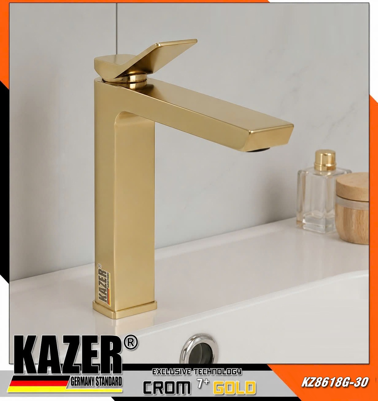 KZ8618G-30 – VÒI LAVABO ĐỒNG THAU NÓNG LẠNH KAZER – 30CM