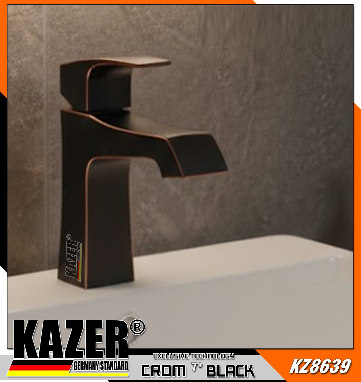 KZ8639 – VÒI LAVABO NÓNG LẠNH ĐỒNG THAU KAZER, MẠ CROM 7+ BLACK – 20CM