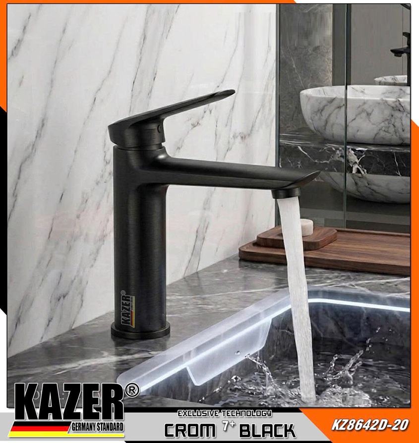 KZD-20 – VÒI LAVABO NÓNG LẠNH ĐỒNG THAU KAZER, MẠ CROM 7+ BLACK 20CM