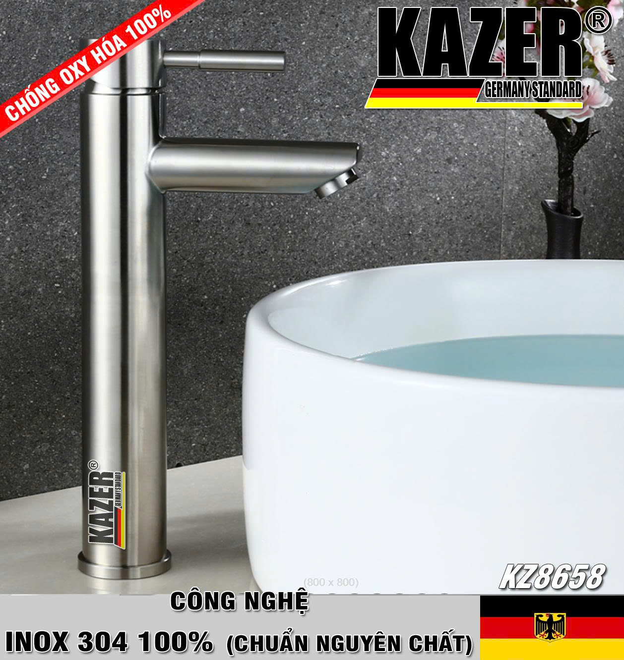 KZ8658 – VÒI LAVABO NÓNG LẠNH MẪU TRÒN INOX 304 100% CHUẨN NGUYÊN CHẤT KAZER – 30CM
