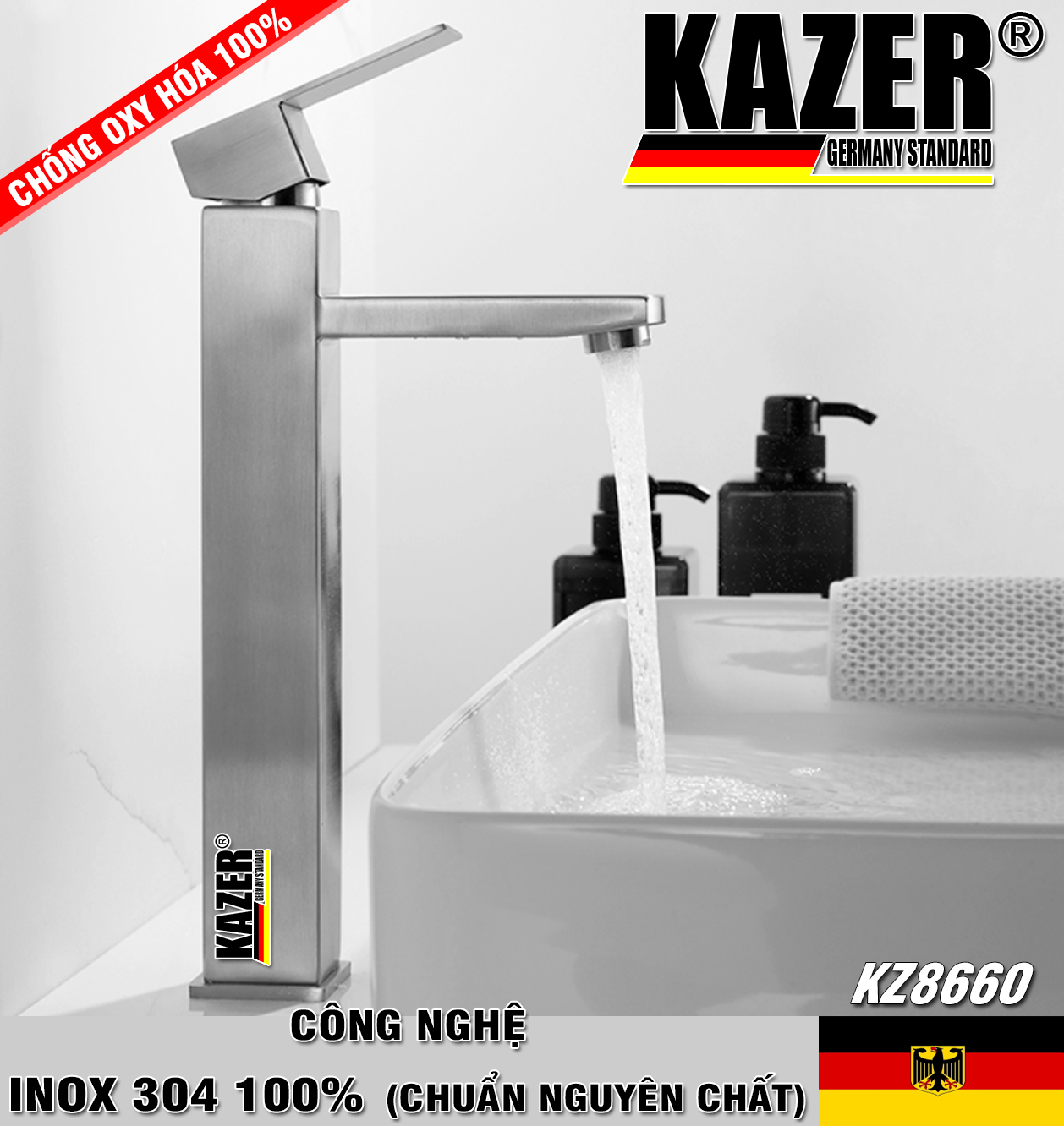 KZ8659 – VÒI LAVABO NÓNG LẠNH MẪU VUÔNG INOX 304 100% CHUẨN NGUYÊN CHẤT KAZER – 30cm