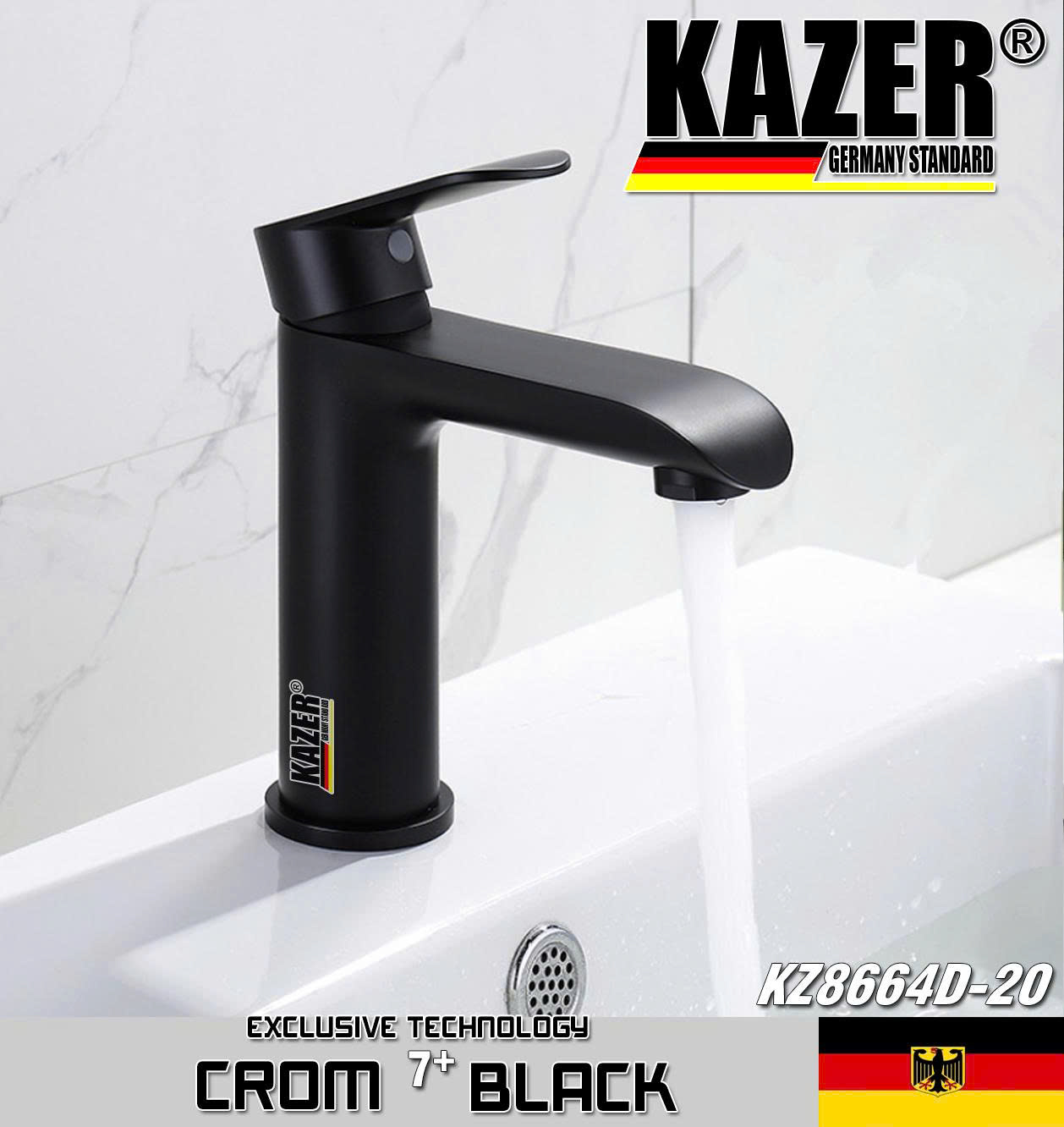 KZ8664D-20 – VÒI LAVABO NÓNG LẠNH ĐỒNG THAU KAZER, MẠ CROM 7+ BLACK 20CM
