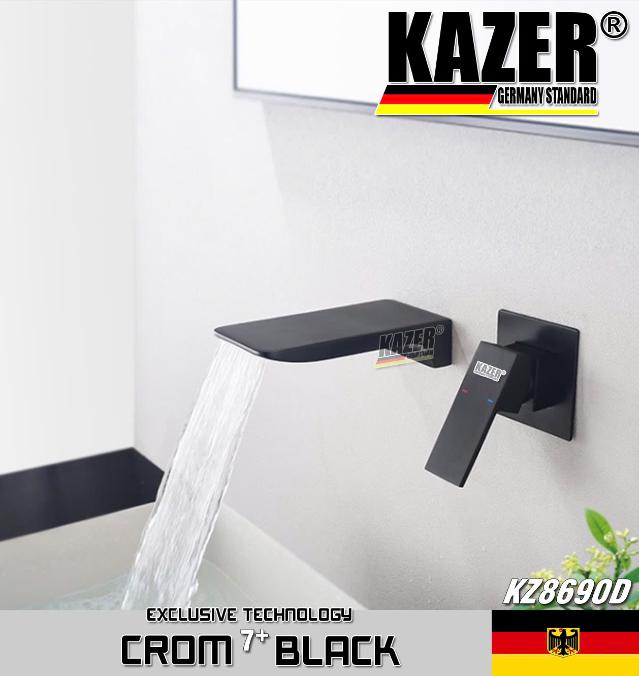 KZ8690D – VÒI LAVABO NÓNG LẠNH ĐỒNG THAU KAZER, MẠ CROM 7+ BLACK