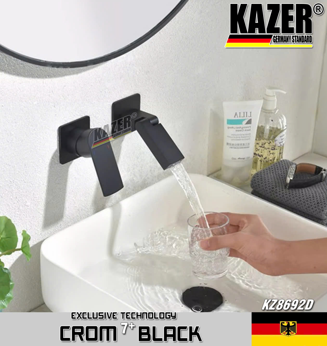 KZ8692D – VÒI LAVABO NÓNG LẠNH ĐỒNG THAU KAZER, MẠ CROM 7+ BLACK