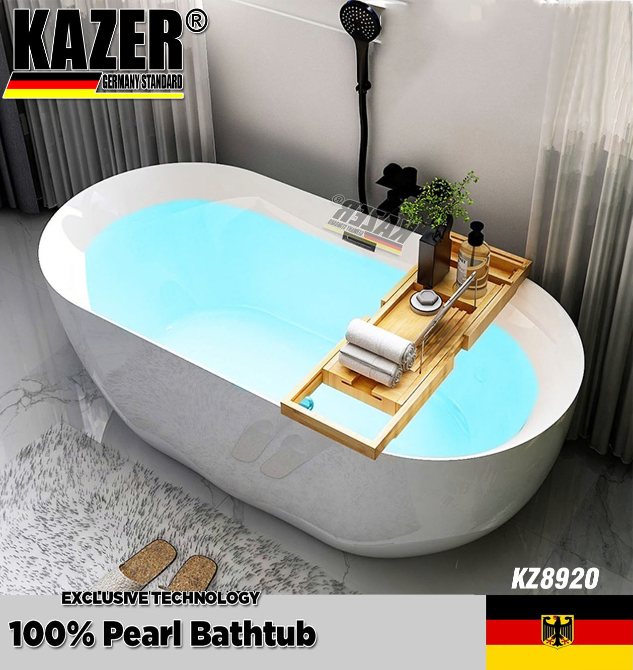KZ8920 – BỒN TẮM SỢI CARBON PHỦ NGỌC TRAI KAZER, MẪU THẲNG, NGÂM ĐỘC LẬP