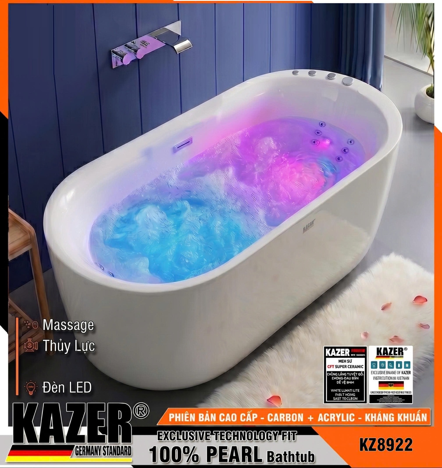 KZ8922 – BỒN TẮM SỢI CARBON PHỦ NGỌC TRAI KAZER, MẪU THẲNG MASSA THỦY LỰC + 10 MẮT SỤC KHÍ