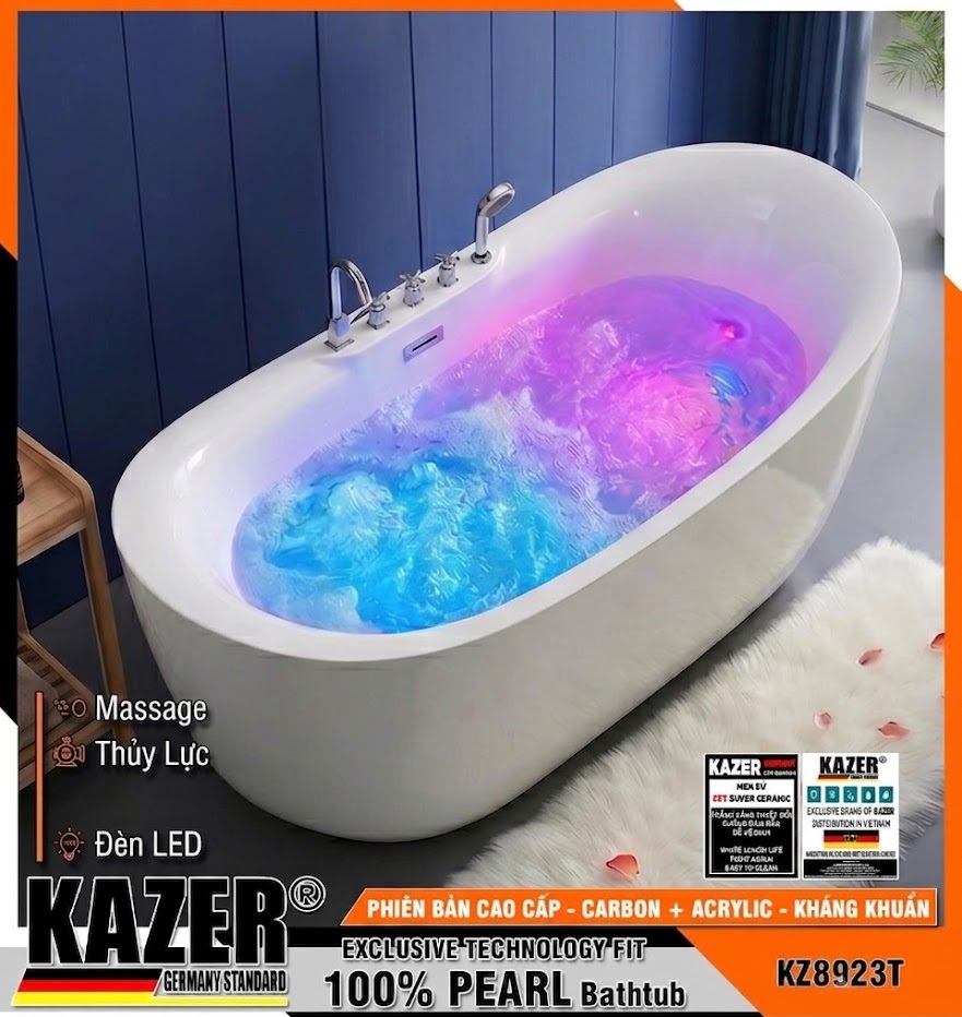 KZ8923T – BỒN TẮM SỢI CARBON PHỦ NGỌC TRAI KAZER, MẪU THẲNG MASSA THỦY LỰC + 10 MẮT SỤC KHÍ