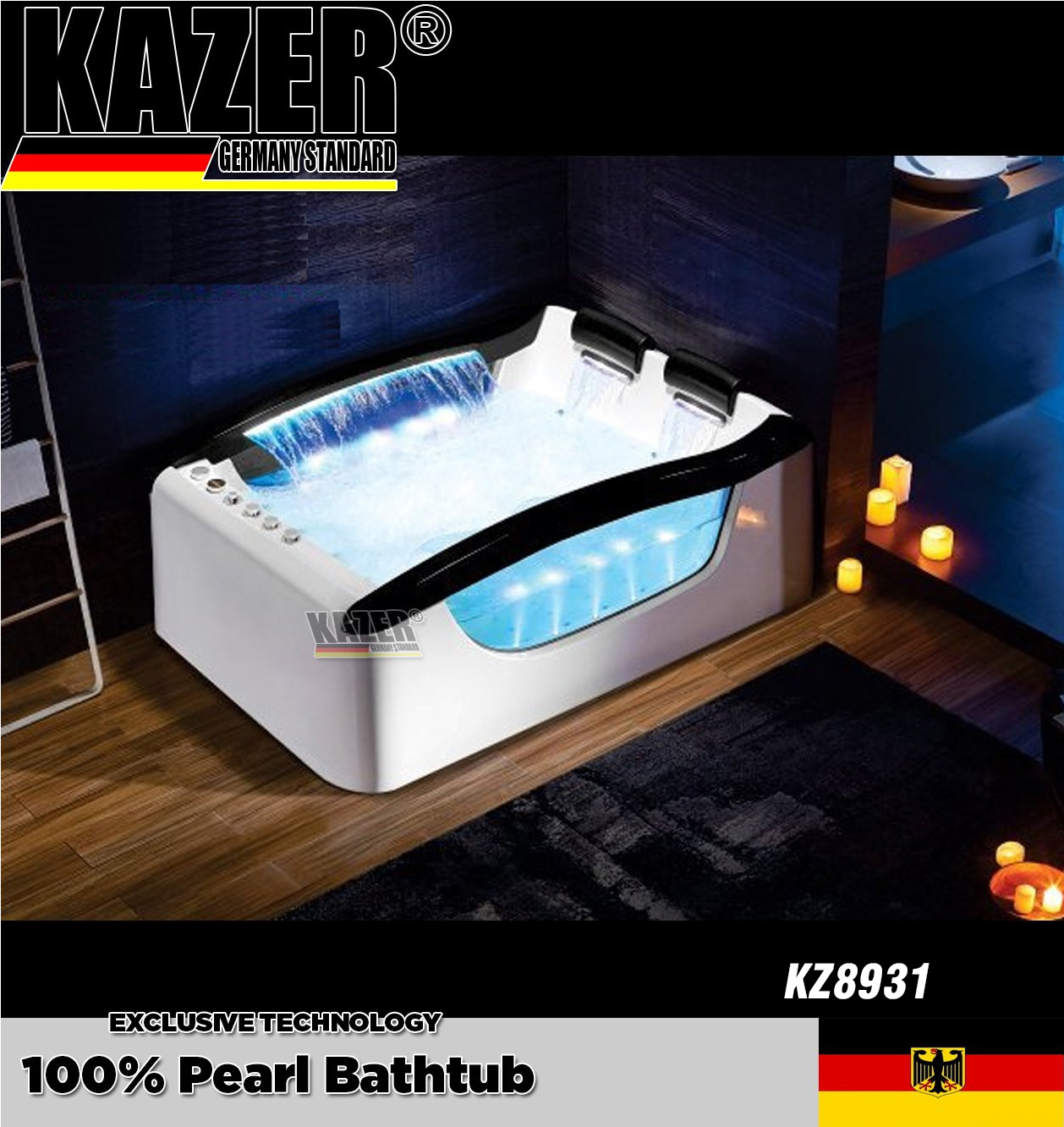 KZ8931 – BỒN TẮM SỢI CARBON PHỦ NGỌC TRAI KAZER, MẪU THẲNG MASSA THỦY LỰC + 10 MẮT SỤC KHÍ