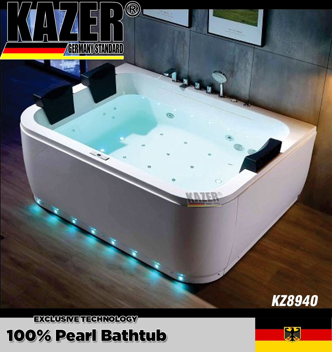 KZ8940 – BỒN TẮM SỢI CARBON PHỦ NGỌC TRAI KAZER, MẪU THẲNG MASSA THỦY LỰC + 10 MẮT SỤC KHÍ
