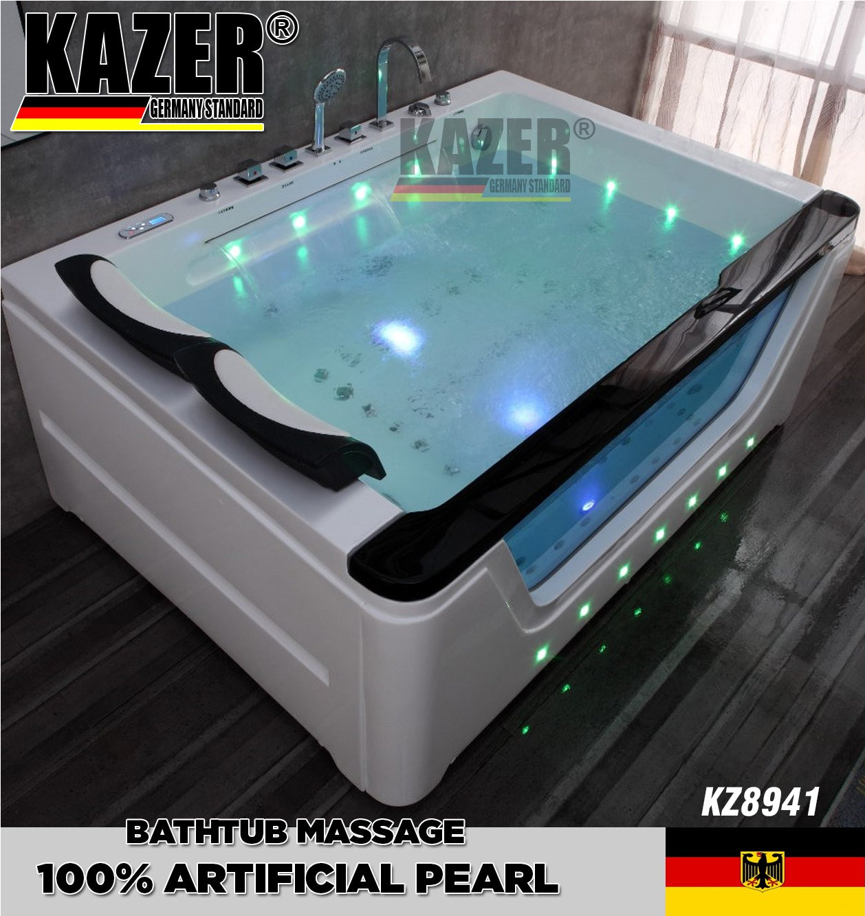 KZ8941 – BỒN TẮM SỢI CARBON PHỦ NGỌC TRAI KAZER, MẪU THẲNG MASSA THỦY LỰC + 10 MẮT SỤC KHÍ
