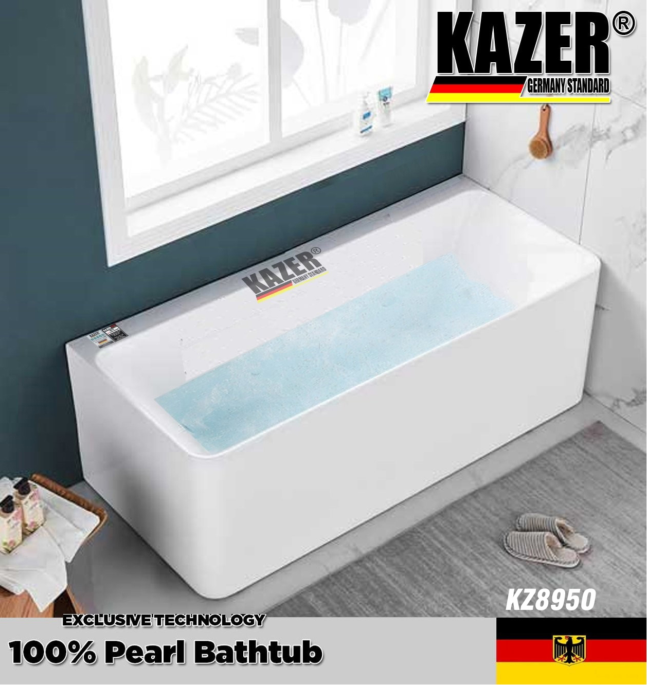 KZ8950 – BỒN TẮM SỢI CARBON PHỦ NGỌC TRAI KAZER, MẪU THẲNG, NGÂM ĐỘC LẬP
