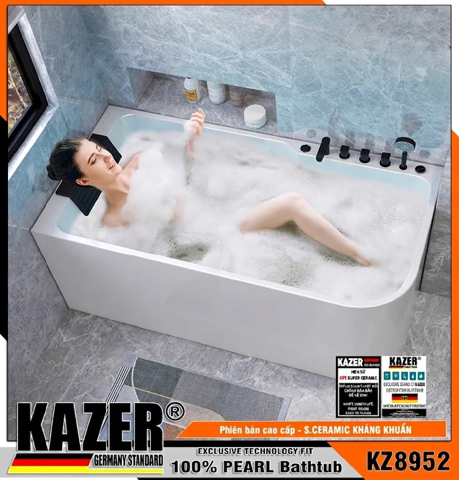 KZ8952T-15 - BỒN TẮM NẰM MASSAGER MÀU TRẮNG NGỌC TRAI KAZER - CÓ MASSA + ĐÈN LED + GỐI TỰA ĐẦU - SIZE 1500x770x600mm