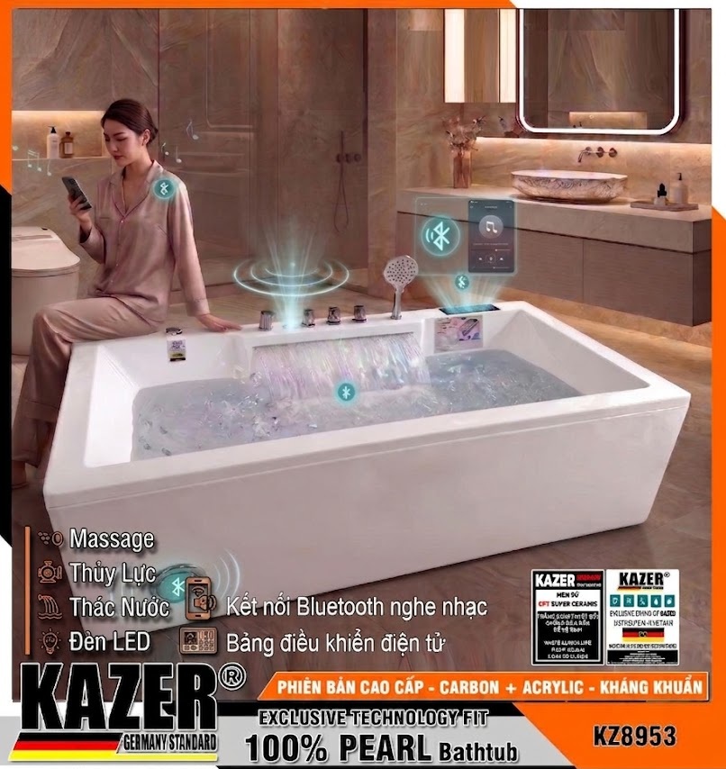 KZ8953 – BỒN TẮM SỢI CARBON PHỦ NGỌC TRAI KAZER, MẪU THẲNG MASSA THỦY LỰC + 10 MẮT SỤC KHÍ