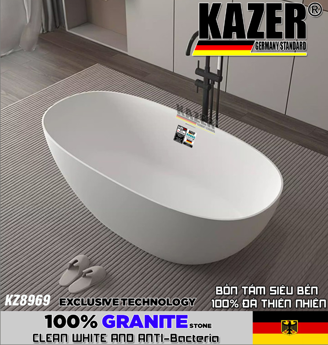 KZ8969 – BỒN TẮM ĐÁ GRANITE KAZER, MẪU THẲNG, NGÂM ĐỘC LẬP