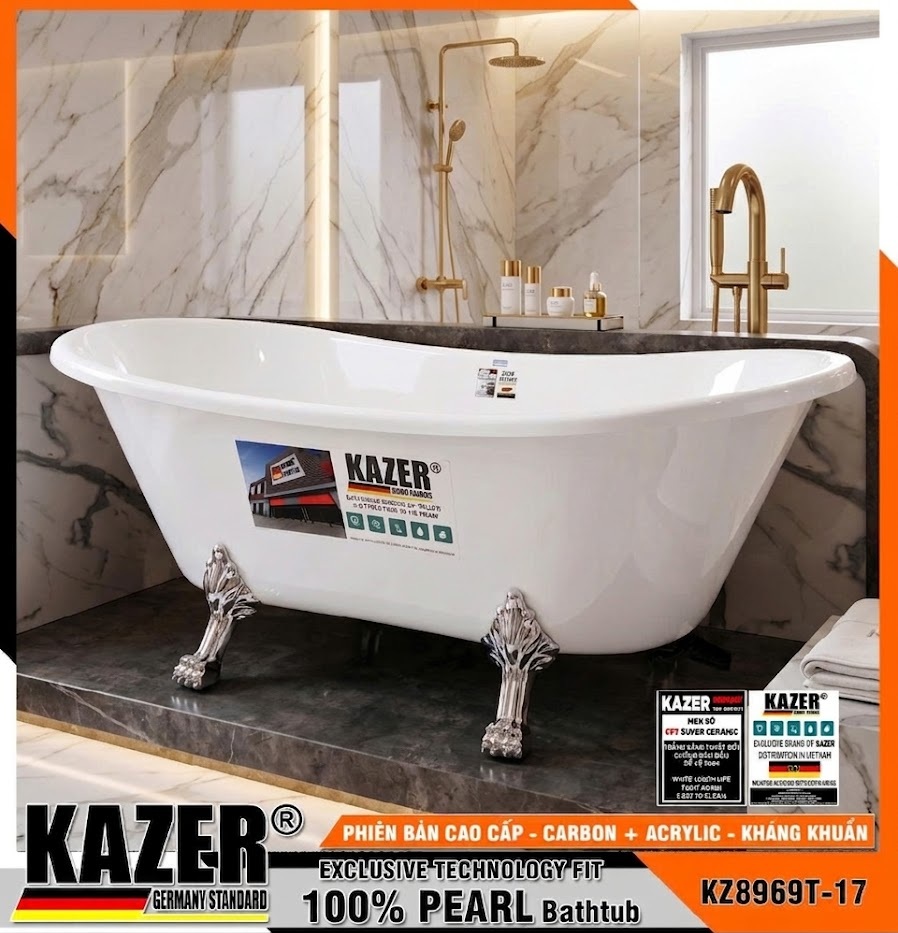 KZ8969T-17 BỒN TẮM ĐỘC LẬP KAZER – S.CERAMIC KHÁNG KHUẨN – CHÂN INOX – MÀU TRẮNG – SỢI CARBON + ACRYLIC KT 1700x800mm