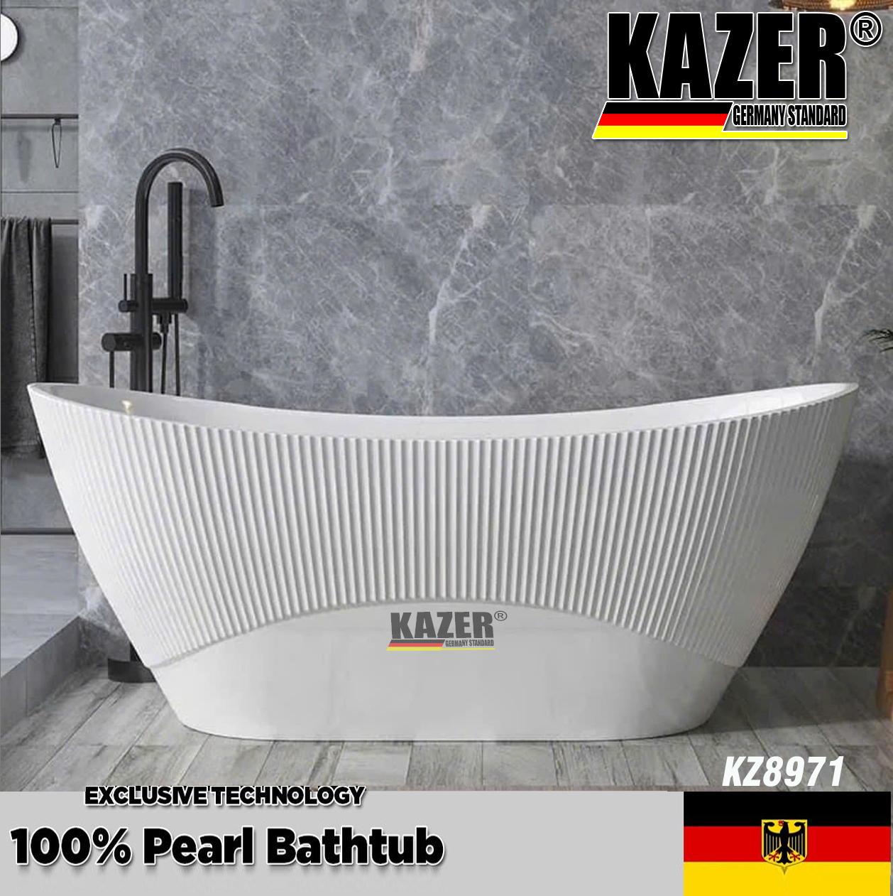 KZ8971 – BỒN TẮM SỢI CARBON PHỦ NGỌC TRAI KAZER, MẪU THẲNG, NGÂM ĐỘC LẬP