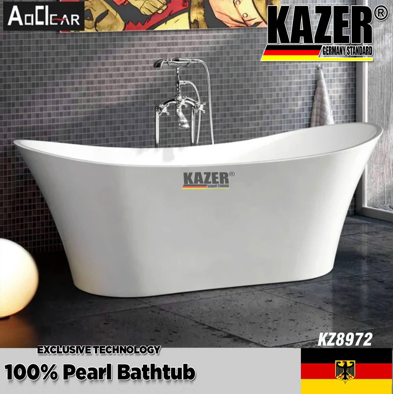 KZ8972 – BỒN TẮM SỢI CARBON PHỦ NGỌC TRAI KAZER, MẪU THẲNG, NGÂM ĐỘC LẬP
