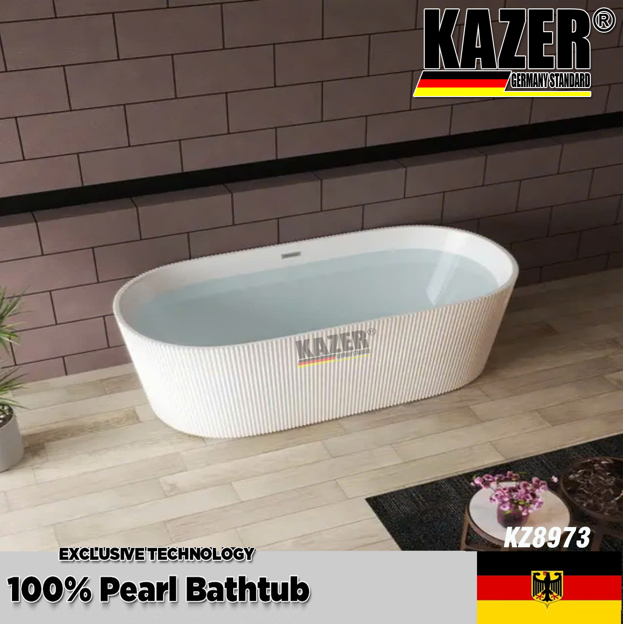 KZ8973 – BỒN TẮM SỢI CARBON PHỦ NGỌC TRAI KAZER, MẪU THẲNG, NGÂM ĐỘC LẬP