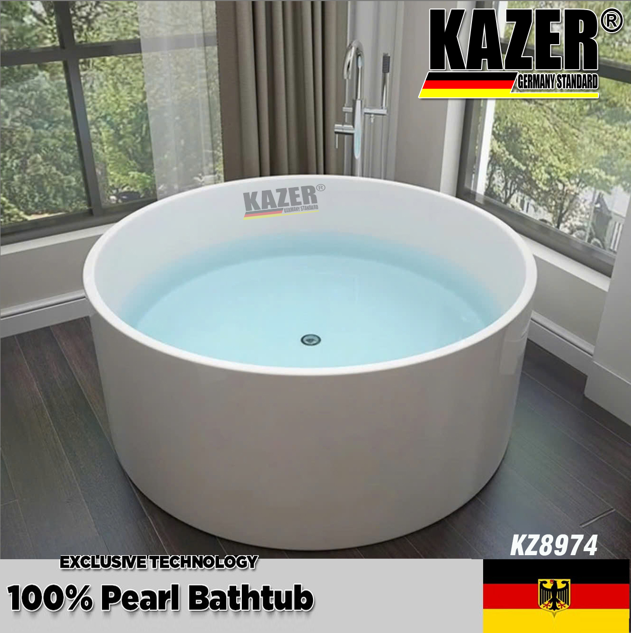 KZ8974 – BỒN TẮM SỢI CARBON PHỦ NGỌC TRAI KAZER, MẪU TRÒN, NGÂM ĐỘC LẬP