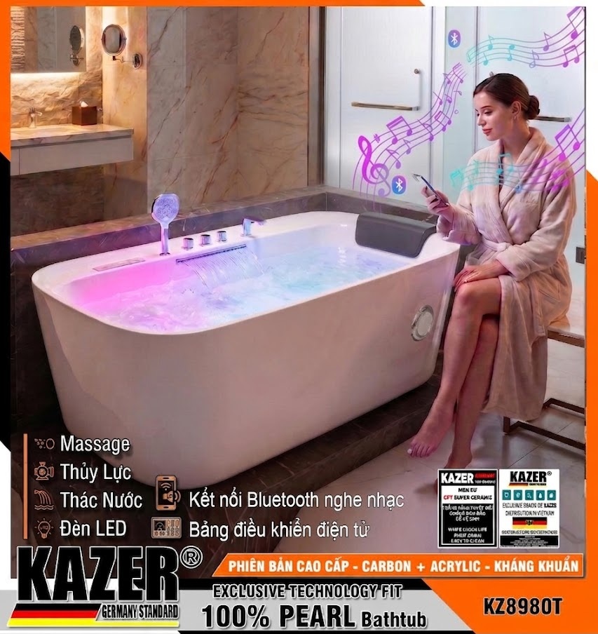 KZ8980T – BỒN TẮM SỢI CARBON PHỦ NGỌC TRAI KAZER, MẪU THẲNG MASSA THỦY LỰC + 10 MẮT SỤC KHÍ (Source)