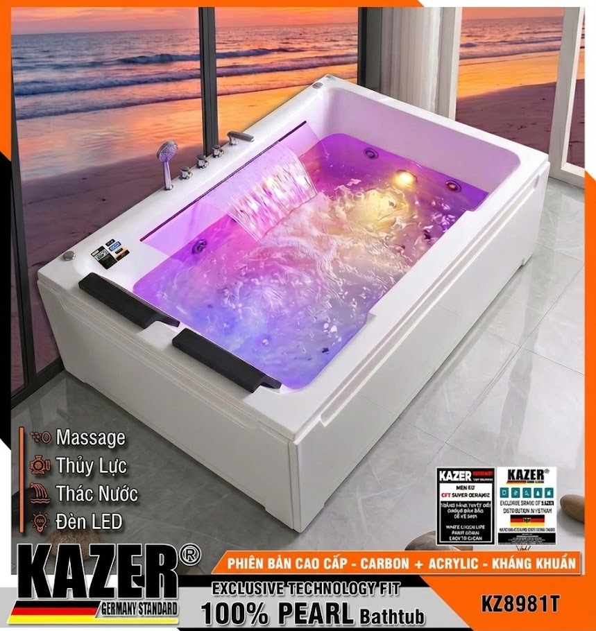 KZ8981T – BỒN TẮM SỢI CARBON PHỦ NGỌC TRAI KAZER, MẪU TẮM ĐÔI MASSA THỦY LỰC + 10 MẮT SỤC KHÍ CÓ ĐÈN LED, CÓ THÁC NƯỚC