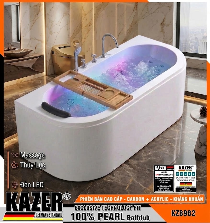 KZ8982T – BỒN TẮM SỢI CARBON PHỦ NGỌC TRAI KAZER, MẪU THẲNG MASSA THỦY LỰC