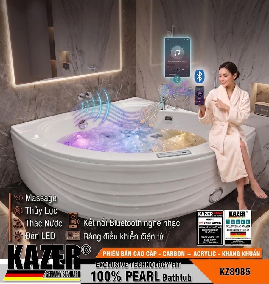 KZ8985 – BỒN TẮM SỢI CARBON PHỦ NGỌC TRAI KAZER, MẪU GÓC MASSA THỦY LỰC, TÍCH HỢP BLUETOOTH, ĐÈN LED, NGHE NHẠC