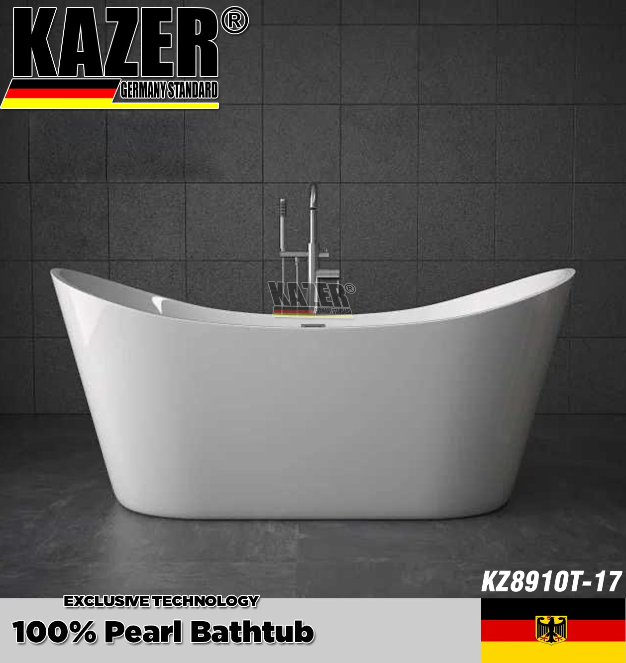 KZ8910 – BỒN TẮM SỢI CARBON PHỦ NGỌC TRAI KAZER, MẪU THẲNG, NGÂM ĐỘC LẬP