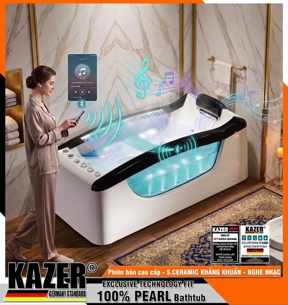 KZ8952T-15 – BỒN TẮM NẰM MASSAGER MÀU TRẮNG NGỌC TRAI KAZER – CÓ MASSA + ĐÈN LED + GỐI TỰA ĐẦU – SIZE 1500x770x600mm