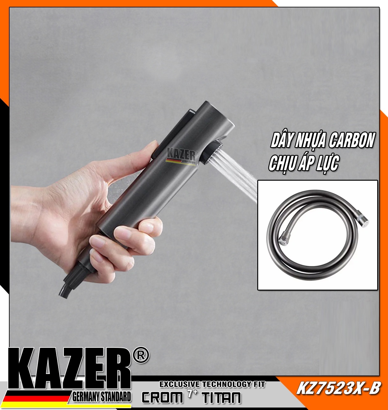 KZ7523X-B – VÒI XỊT VỆ SINH MÀU XÁM CAO CẤP, DÂY CARBON CHỊU ÁP LỰC CAO