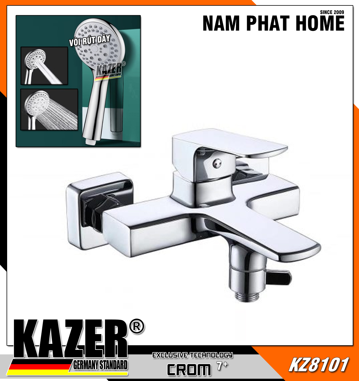 KZ8101-B50BR2 – BỘ SEN NÓNG LẠNH VUÔNG ĐỒNG THAU MẠ CROME, TAY SEN TẮM 5 CHỨC NĂNG