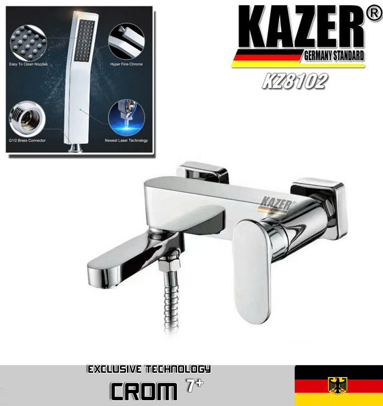 KZ8102 – VÒI SEN TẮM NÓNG LẠNH ĐỒNG THAU MẠ CROM 7+ KAZER