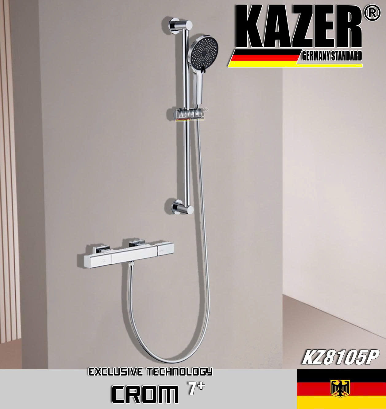 KZ8105P – VÒI SEN TẮM NÓNG LẠNH ĐỒNG THAU MẠ CROM 7+ KAZER
