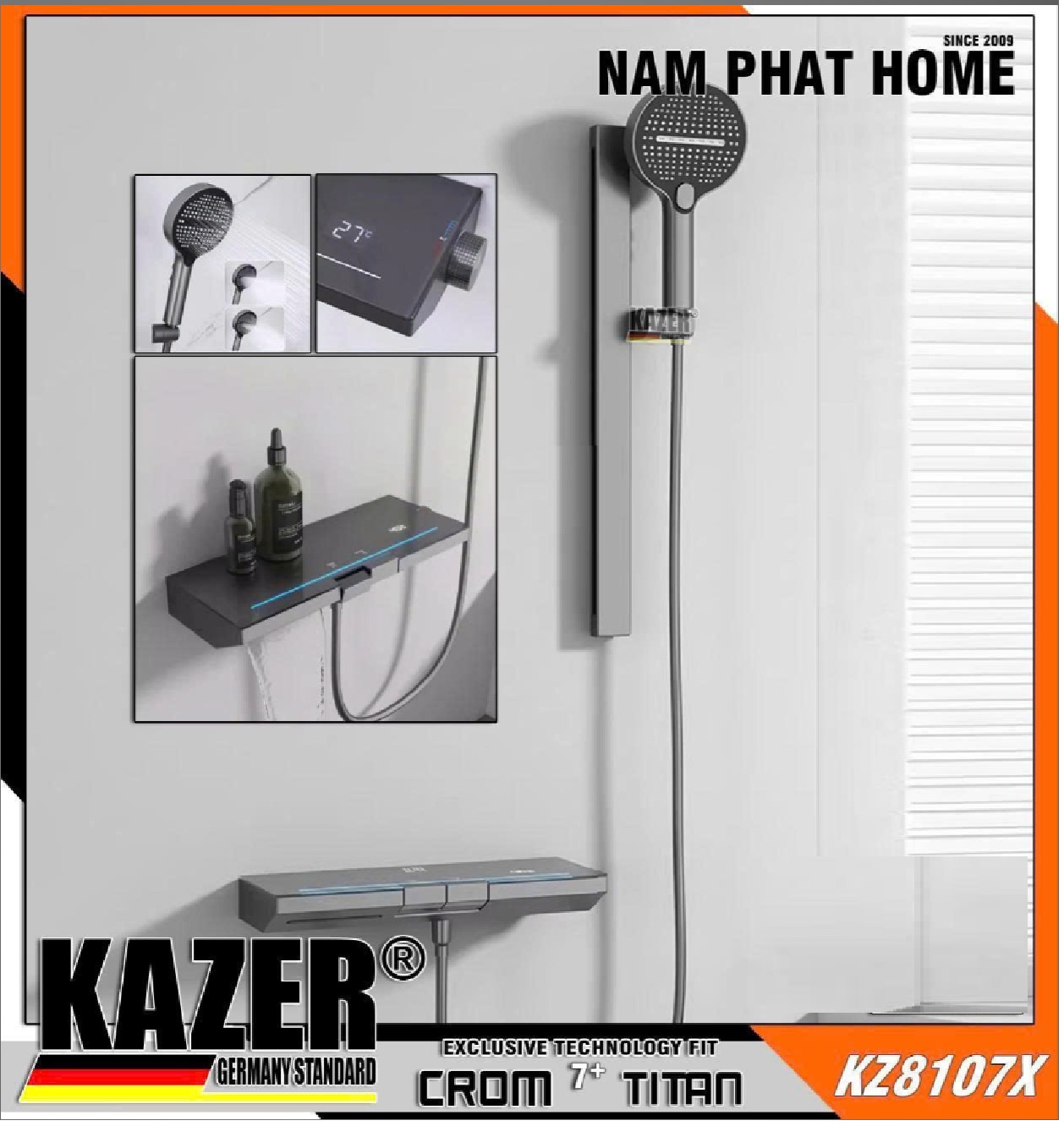 KZ8107X, BỘ SEN NÓNG LẠNH ĐỒNG THAU KAZER MÀU XÁM TITAN+7, MẪU BẢN LỚN PHÍM BẤM KÈM BỘ THANH TRƯỢT TAY SEN