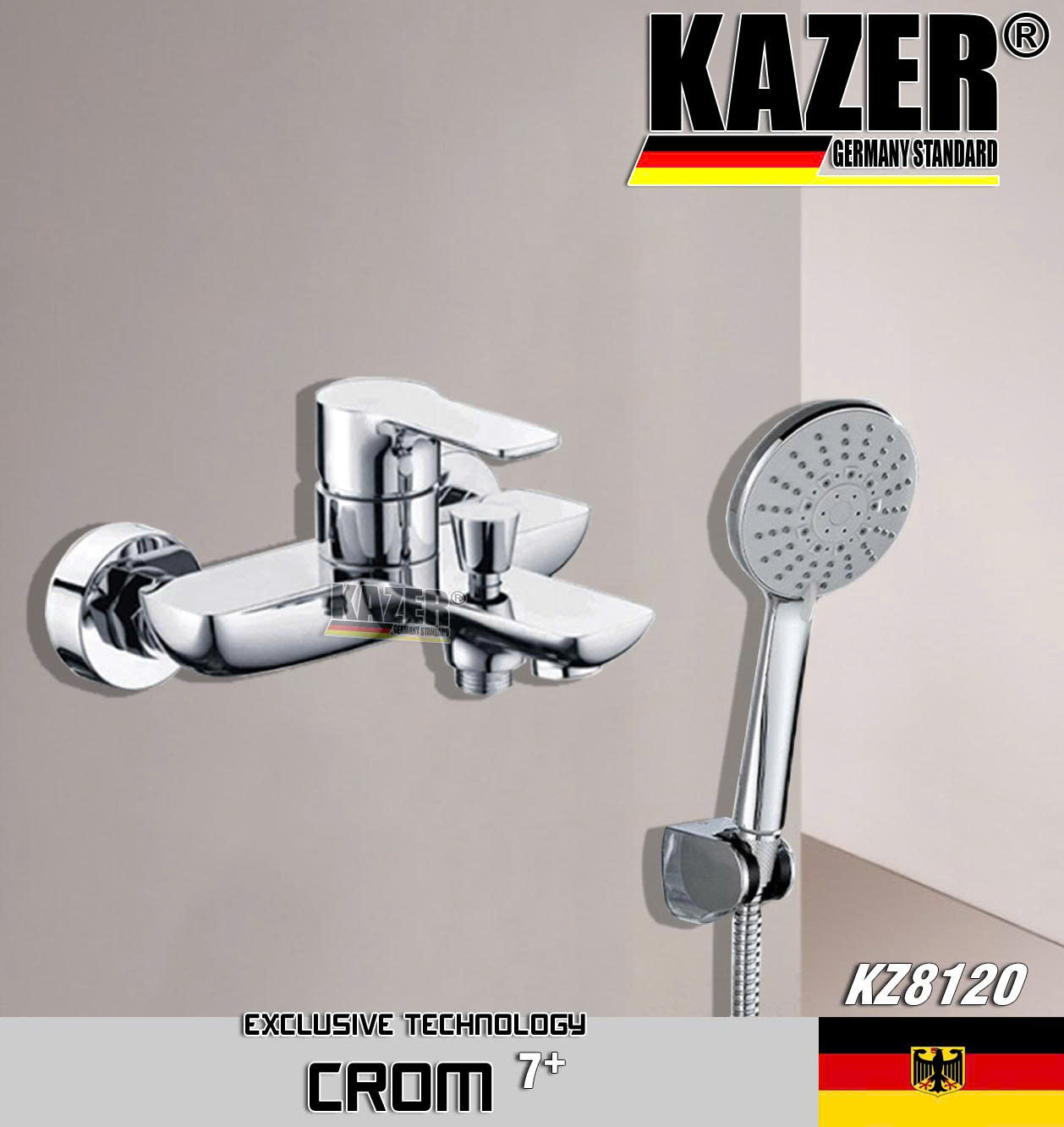 KZ8120 – VÒI SEN TẮM NÓNG LẠNH ĐỒNG THAU MẠ CROM 7+ KAZER